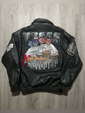 Vintage Y2K Davoucci Vegas Snake eyes high roller varsity bomber leather jacket